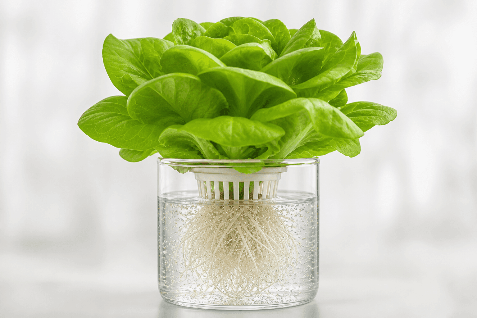 Hydroponic lettuce growing in nutrient solution with visible roots